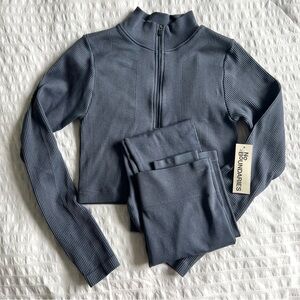 No Boundaries Gray Ribbed Zip-Up Top and Leggings Set